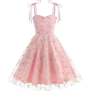 imageIDOPIP Embroidery Flower Girl Lace Dess for Kids Party Wedding Bridesmaid Tulle Dresses Princess Pageant Birthday Floral GownPink