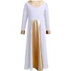 imageGirls Metallic Gold Vneck Long Sleeve Praise Dance Dress Bi Color Block Liturgical Lyrical Loose Fit Full Length Swing Gown Worship Ruffle Tunic Circle Skirt Church Ballet Dancewear White 78Y