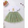 imageIDOPIP Baby Girls 1st Birthday Outfit Embroidery Flower Tulle Tutu Princess Pageant Party Dress Headband Set for Cake SmashGreen Floral  Short Sleeve