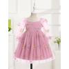 imageIDOPIP Toddler Baby Girls Dresses Long Puff Sleeve Pageant Mesh Tutu Dress Infant Wedding Baptism Photo Shoot Tulle DressDusty Pink Floral