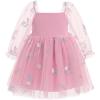 imageIDOPIP Toddler Baby Girls Dresses Long Puff Sleeve Pageant Mesh Tutu Dress Infant Wedding Baptism Photo Shoot Tulle DressPink Flower