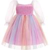 imageIDOPIP Toddler Baby Girls Dresses Long Puff Sleeve Pageant Mesh Tutu Dress Infant Wedding Baptism Photo Shoot Tulle DressRainbow Pink