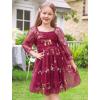 imageIDOPIP Toddler Baby Girls Dresses Long Puff Sleeve Pageant Mesh Tutu Dress Infant Wedding Baptism Photo Shoot Tulle DressWine Red Floral