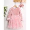 imageIDOPIP Toddler Baby Girls Embroidery Velvet Tutu Dress with Headband Outfit Long Sleeve Fall Princess Birthday Party DressesPink
