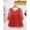 imageIDOPIP Toddler Girls Sparkly Dresses Sequin Bowknot Pageant Birthday Party Dress Glitter Mesh Long Sleeve Fall Dress ClothesRed