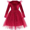 imageIDOPIP Velvet Tutu Dress for Girls Christmas Sparkle Star Winter Birthday Party Long Sleeve Mesh RuffleWine Red