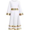 imageLittle Big Girls Metallic Gold Praise Dance Dress with Sequins Waistband Bell Long Sleeve Liturgical Worship Church Dress Loose Fit Full Length Maxi Swing Gown Tunic Circle Skirt Dancewear White 78Y