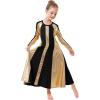 imageMetallic Gold Praise Dance Dresses for Girls Kids Liturgical Lyrical Color Block Worship Dress Loose Fit Full Length Swing Gown Ruffle Tunic Circle Skirt Christian Church Ballet Dancewear Black 34Y