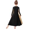 imageMetallic Gold Praise Dance Dresses for Girls Kids Liturgical Lyrical Color Block Worship Dress Loose Fit Full Length Swing Gown Ruffle Tunic Circle Skirt Christian Church Ballet Dancewear Black 34Y