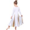 imageMetallic Gold Praise Dance Dresses for Girls Liturgical Lyrical Color Block Full Length Swing Gown Loose Fit Robe Ruffle Tunic Circle Skirt Long Sleeve Worship Dancewear Ballet Costume White 34Y