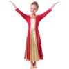 imageMetallic Gold Praise Dance Dresses for Girls Liturgical Lyrical Color Block Full Length Swing Gown Loose Fit Robe Ruffle Tunic Circle Skirt Long Sleeve Worship Dancewear Ballet Costume Red 78Y
