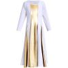 imageMetallic Gold Praise Dance Dresses for Girls Liturgical Lyrical Color Block Full Length Swing Gown Loose Fit Robe Ruffle Tunic Circle Skirt Long Sleeve Worship Dancewear Ballet Costume White 34Y