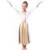 imageMetallic Gold Praise Dance Dresses for Girls Liturgical Lyrical Color Block Full Length Swing Gown Loose Fit Robe Ruffle Tunic Circle Skirt Long Sleeve Worship Dancewear Ballet Costume White 34Y