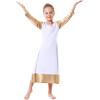 imagePraise Dance Dresses for Girls Kids Metallic Gold Color Block Long Sleeve Liturgical Lyrical Robe Loose Fit Full Length Maxi Swing Gown Ruffle Tunic Circle Skirt Worship Ballet Dancewear White 1314Y