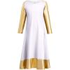 imagePraise Dance Dresses for Girls Kids Metallic Gold Color Block Long Sleeve Liturgical Lyrical Robe Loose Fit Full Length Maxi Swing Gown Ruffle Tunic Circle Skirt Worship Ballet Dancewear White 1314Y