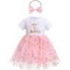 imageIDOPIP Baby Girls 1st Birthday Outfit Embroidery Flower Tulle Tutu Princess Pageant Party Dress Headband Set for Cake SmashPink  Short Sleeve