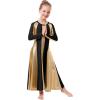 imageMetallic Gold Praise Dance Dresses for Girls Kids Liturgical Lyrical Color Block Worship Dress Loose Fit Full Length Swing Gown Ruffle Tunic Circle Skirt Christian Church Ballet Dancewear Black 34Y