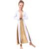 imageMetallic Gold Praise Dance Dresses for Girls Liturgical Lyrical Color Block Full Length Swing Gown Loose Fit Robe Ruffle Tunic Circle Skirt Long Sleeve Worship Dancewear Ballet Costume White 34Y