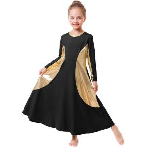 imageGirls Kids Metallic Gold Long Sleeve Praise Dance Dress Shiny Bi Color Block Liturgical Lyrical Loose Fit Full Length Robe Gown Worship Ruffle Tunic Circle Skirt Church Ballet Dancewear Black 1314Y