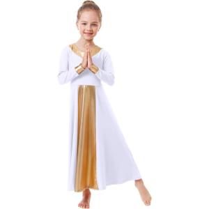 imageGirls Metallic Gold Vneck Long Sleeve Praise Dance Dress Bi Color Block Liturgical Lyrical Loose Fit Full Length Swing Gown Worship Ruffle Tunic Circle Skirt Church Ballet Dancewear White 78Y