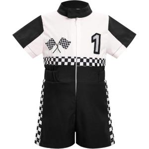 imageIDOPIP Baby Boys 1st 2nd Birthday Outfit Race Car Driver Romper Girls Boy Racer Jumpsuit Racing Suit Toddler Dress up CostumeBlack