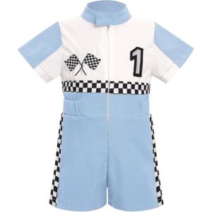 imageIDOPIP Baby Boys 1st 2nd Birthday Outfit Race Car Driver Romper Girls Boy Racer Jumpsuit Racing Suit Toddler Dress up CostumeBlue