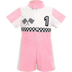 imageIDOPIP Baby Boys 1st 2nd Birthday Outfit Race Car Driver Romper Girls Boy Racer Jumpsuit Racing Suit Toddler Dress up CostumePink