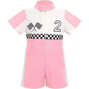 imageIDOPIP Baby Boys 1st 2nd Birthday Outfit Race Car Driver Romper Girls Boy Racer Jumpsuit Racing Suit Toddler Dress up CostumePink 2nd