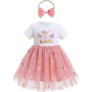 imageIDOPIP Baby Girls 1st Birthday Outfit Embroidery Flower Tulle Tutu Princess Pageant Party Dress Headband Set for Cake SmashDusty Pink  Short Sleeve