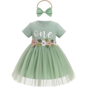 imageIDOPIP Baby Girls 1st Birthday Outfit Embroidery Flower Tulle Tutu Princess Pageant Party Dress Headband Set for Cake SmashGreen  Short Sleeve
