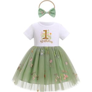 imageIDOPIP Baby Girls 1st Birthday Outfit Embroidery Flower Tulle Tutu Princess Pageant Party Dress Headband Set for Cake SmashGreen Floral  Short Sleeve