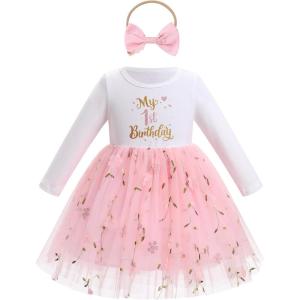 imageIDOPIP Baby Girls 1st Birthday Outfit Embroidery Flower Tulle Tutu Princess Pageant Party Dress Headband Set for Cake SmashPink