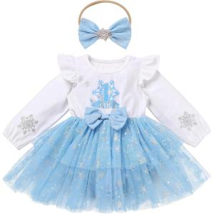 imageIDOPIP Baby Girls Snowflake 1st Birthday Christmas Outfit Winter Velvet Princess Tutu Romper Dress  Headband for Cake SmashBlue
