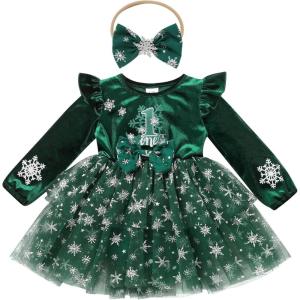 imageIDOPIP Baby Girls Snowflake 1st Birthday Christmas Outfit Winter Velvet Princess Tutu Romper Dress  Headband for Cake SmashGreen