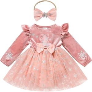 imageIDOPIP Baby Girls Snowflake 1st Birthday Christmas Outfit Winter Velvet Princess Tutu Romper Dress  Headband for Cake SmashPink