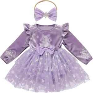 imageIDOPIP Baby Girls Snowflake 1st Birthday Christmas Outfit Winter Velvet Princess Tutu Romper Dress  Headband for Cake SmashPurple