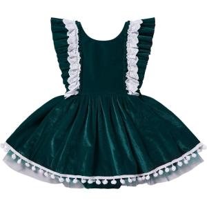 imageIDOPIP Baby Girls Velvet Dress Ruffle Lace Romper Tutu Dress Christmas Birthday Outfits Infant Princess Party Pageant DressesGreen