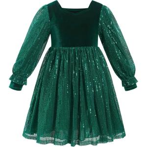 imageIDOPIP Girls Sequins Velvet Christmas Dress Winter Long Sleeve Glitters Ruffle Dress Pageant Wedding Party Sparkle Xmas DressGreen