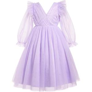 imageIDOPIP Princess Dress for Girls Sparkle Star Pageant Mesh Dress Formal Birthday Prom Gown Glitter Christening Tulle DressPurple