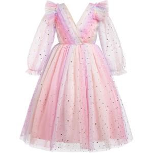 imageIDOPIP Princess Dress for Girls Sparkle Star Pageant Mesh Dress Formal Birthday Prom Gown Glitter Christening Tulle DressRainbow