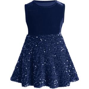 imageIDOPIP Sequin Velvet Dress for Baby Girls Toddler First Christmas Birthday Party Dresses Princess Pageant Fall Winter ClothesNavy Blue