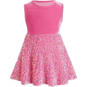 imageIDOPIP Sequin Velvet Dress for Baby Girls Toddler First Christmas Birthday Party Dresses Princess Pageant Fall Winter ClothesPink