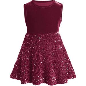 imageIDOPIP Sequin Velvet Dress for Baby Girls Toddler First Christmas Birthday Party Dresses Princess Pageant Fall Winter ClothesWine Red