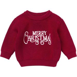imageIDOPIP Toddler Baby Girls Christmas Outfit Boho Embroidery Sweater Top Crewneck Knit Pullover Sweatshirt Fall Winter ClothesWine Red