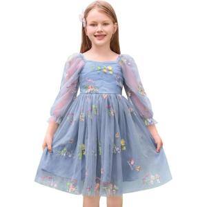 imageIDOPIP Toddler Baby Girls Dresses Long Puff Sleeve Pageant Mesh Tutu Dress Infant Wedding Baptism Photo Shoot Tulle DressDusty Blue Floral