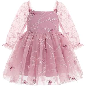 imageIDOPIP Toddler Baby Girls Dresses Long Puff Sleeve Pageant Mesh Tutu Dress Infant Wedding Baptism Photo Shoot Tulle DressDusty Pink Butterfly