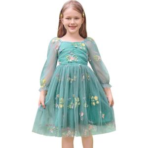 imageIDOPIP Toddler Baby Girls Dresses Long Puff Sleeve Pageant Mesh Tutu Dress Infant Wedding Baptism Photo Shoot Tulle DressGreen Floral
