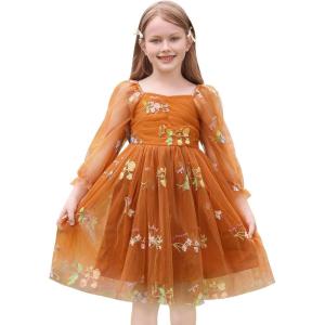 imageIDOPIP Toddler Baby Girls Dresses Long Puff Sleeve Pageant Mesh Tutu Dress Infant Wedding Baptism Photo Shoot Tulle DressOrange Floral