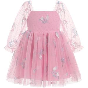 imageIDOPIP Toddler Baby Girls Dresses Long Puff Sleeve Pageant Mesh Tutu Dress Infant Wedding Baptism Photo Shoot Tulle DressPink Flower