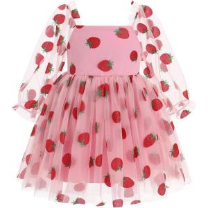 imageIDOPIP Toddler Baby Girls Dresses Long Puff Sleeve Pageant Mesh Tutu Dress Infant Wedding Baptism Photo Shoot Tulle DressPink Strawberry